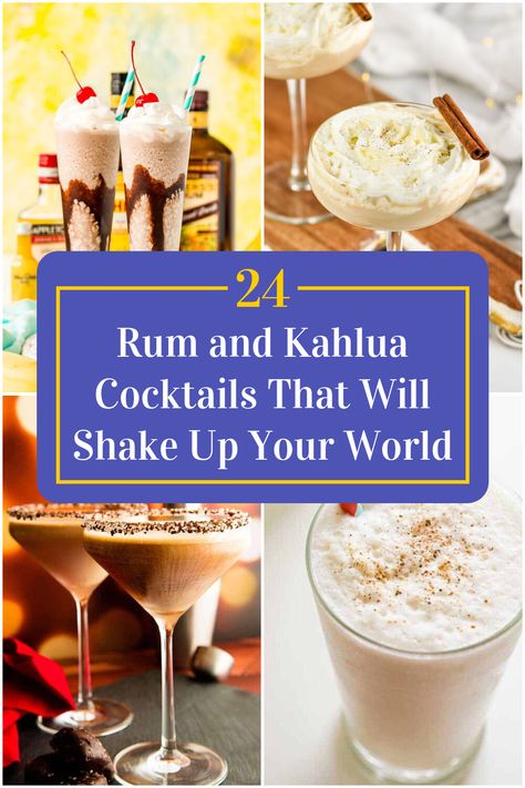 Collage of 4 rum and kahlua cocktails. Kaluha Recipes Drinks Cocktails, Drinks With Kahlua, Kaluha Recipes, Kahlua Cocktails, Amaretto Drinks, Kahlua Drinks, Malibu Rum Drinks, Coconut Rum Drinks, Good Rum