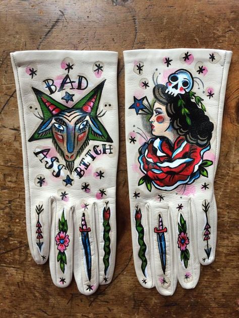 MADE TO ORDER. This design will be repainted on a pair of gloves just for you! Please contact me to initiate a custom order and discuss color, size options, and timeline of completion. This pair of gloves pictured has already sold. I do my best to recreate the original but some slight variations Ellen Greene, Vintage Gloves, Art Tattoos, Belly Dancers, Unique Tattoos, Womens Gloves, Leather Gloves, Textile Art, Wearable Art