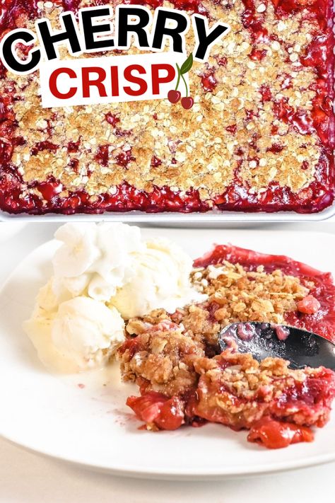 Give this cherry crisp a try. Make with red tart cherries and a homemade cherry glaze, topped with oats. A simple cherry dessert to try out for any and every occasion. This cherry crisp recipe can be made a day in advance if you want a make-ahead dessert. Great for potlucks, parties, or a weeknight dessert. Canned Tart Cherry Recipes, Red Tart Cherries Recipes, Dried Tart Cherry Recipes, Dried Red Tart Cherry Recipes, Tart Cherry Recipes, Easy Cherry Crisp, Cherry Crisp Recipe Easy, Cherry Crisp Recipe, Tart Cherries Recipes