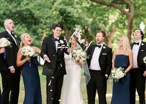 Black White And Navy Wedding, Navy Blue And Black Wedding, Navy Tux Wedding, Men In Black Suits, Summer Wedding Bridal Party, Tan Groomsmen, Black Tux Wedding, Navy Tux, Tux Wedding