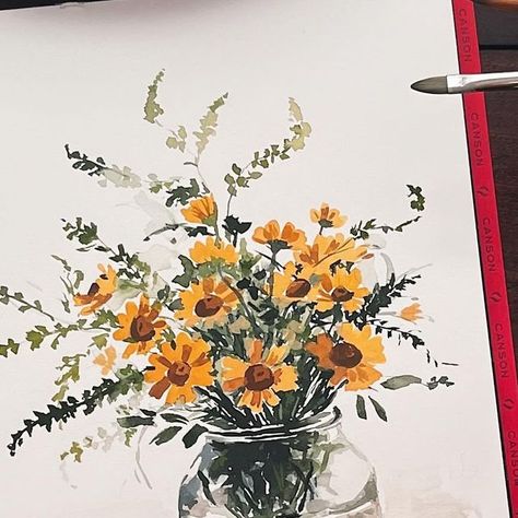 Shayda Campbell on Instagram: "On my desk right now✨   I’ve been pushing my art forward this year by exploring gouache, still life and working from photographs. Tomorrow (Tuesday) on my YouTube channel you’ll find a new hour-long real time paint along where I share my entire experience painting this pretty yellow flower still life! Watch Tuesday on my YouTube video 💛" Gouache Still Life, Shayda Campbell Watercolor, Loose Sunflower Watercolor Painting, Gouache Wildflowers, Shayda Campbell, Yellow Flowers Painting Watercolour, Gouche Painting Sunflower, Flower Still Life, Pretty Yellow