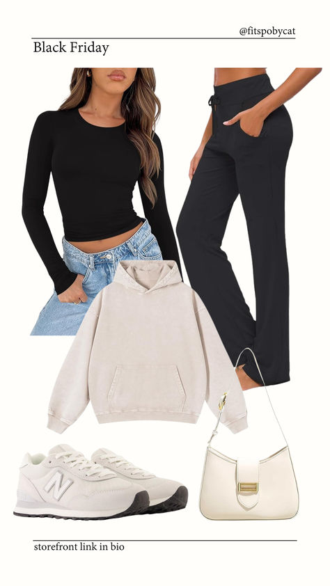 Comfortable Black Friday outfit idea for shopping, featuring Amazon items: a fitted black long-sleeve top, black jogger-style pants, a neutral hoodie for layering, classic beige New Balance sneakers, and a stylish white mini shoulder bag. Black Friday Shopping Outfit, Black Friday Outfit, Outfit For Shopping, Black Friday Fashion, Friday Fashion, Amazon Fashion Finds, Amazon Clothing, Friday Outfit, Amazon Clothes