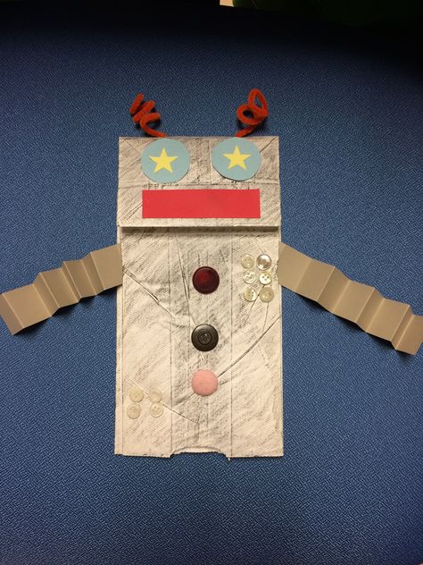 Paper Bag Robot Puppet - Paper Bag Robot Craft, Robot Puppet Craft, Robot Craft Preschool Art Projects, Preschool Robot Craft, Robot Puppet, Robot Crafts For Toddlers, Paper Robot, Robot Craft, Robot Theme