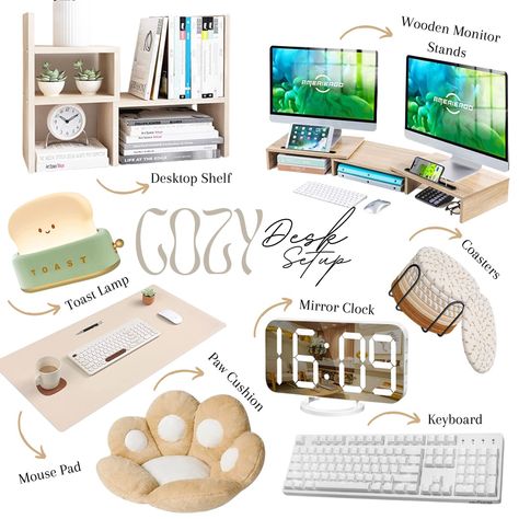 Lovely neutral colors for desk items. Shelf, Lamp, Mouse Pad, Cushion, Monitor stands, Coasters, Mirror Clock, and keyboard. All matching a neutral color palette. Cozy Desk Setup Home Office, Desk Items Office, Cute Work Desk Setup, Working Table Aesthetic, Cozy Aesthetic Desk Setup, Office Items Desk Accessories, Work From Home Desk Setup Aesthetic, Home Office Setup Standing Desk, Office Desk Decor Aesthetic