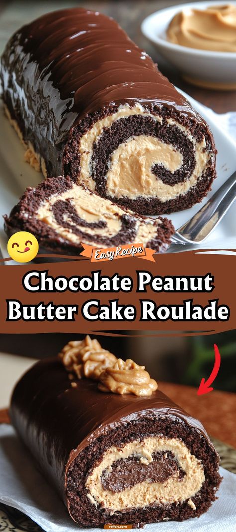 Indulge in the swirls of Chocolate Peanut Butter Cake Roulade, a decadent dessert that artfully combines smooth peanut butter filling with rich chocolate cake. Rolled to perfection, this roulade is not just a treat for the palate but also a feast for the eyes. #CakeRoulade #ChocolatePeanutButter #DessertArt Dessert With Chocolate, Chocolate Roll Cake, Peppermint Cake, Smooth Peanut Butter, Chicken Cake, Chocolate Recipes Easy, Cream Cheese Rolls, Desserts Ideas, Chocolate Peanut Butter Cake