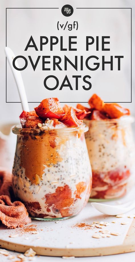 Our Vegan and Gluten-Free Apple Pie Overnight Oats are bringing alll the autumnal dessert vibes, for BREAKFAST! Just 9 ingredients to make these wholesome, naturally sweetened, meal prep-friendly delights! Gf Apple Pie, Apple Pie Overnight Oats, Gluten Free Apple Pie, Vegan Overnight Oats, Apple Bite, Classic Apple Pie, Cooked Apples, Overnight Oats Recipe, Oats Recipes