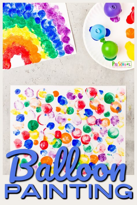 This super simple and fun balloon painting project is perfect for toddler, preschool, pre-k, and kindergarten age children as a fun summer activity for kids! In this balloon activities for preschoolers, children will create a fun, open-ended craft while they paint in an outrageously FUN way - balloon paint art! Painting Ideas For Preschool, Circus Activities, Carnival Activities, Carnival Crafts, Circus Crafts, Preschool Play, Rainbow Activities, Balloon Painting, Toddler Art Projects