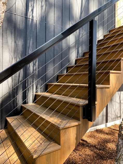 Trex Stairs And Cable Railing...The Combo That Won My Whole Heart Outside Stair Railing, Trex Stairs, Trex Fascia, Trex Railing, Metal Staircase, Deck Remodel, Deck Steps, Staircase Storage, Concrete Coatings