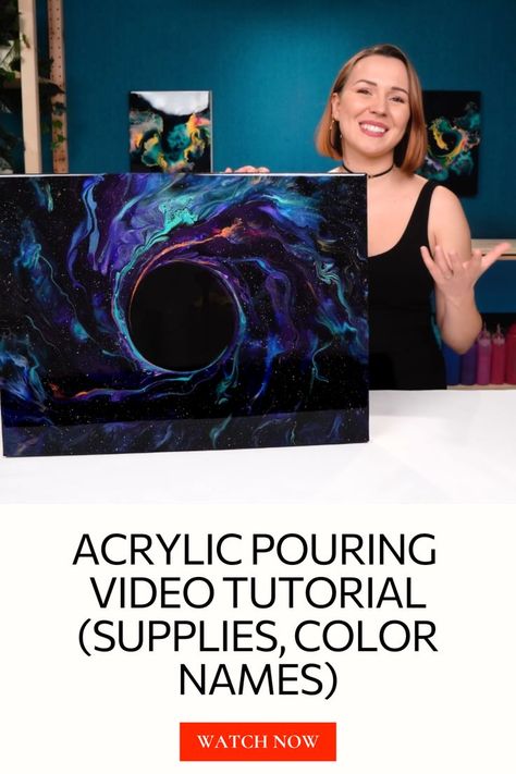 Watch the full fluid art tutorial on how to create such acrylic pouring painting with ring & more abstract art ideas on my Youtube channel - Olga Soby 😉 Galaxy Painting Acrylic, Olga Soby, Cosmic Design, Abstract Art Tutorial, Wall Art Tutorial, Black Canvas Paintings, Balloon Painting, Acrylic Pouring Techniques, Space Painting