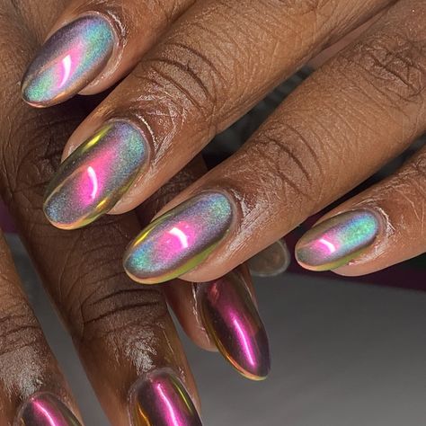 beetle chrome cat eye nails 🪲⛓️ for @just_nadeline #nycnails #nycnailtech #chromenails #brooklynnails Pink Green Chrome Nails, Iridescent Cat Eye Nails, Chrome Cateye Nails, Crome Nails Almond Short, Cat Eye And Chrome Nails, Car Eye Nails, Gold Cat Eye Nails, Rainbow Cat Eye Nails, Short Cat Eye Nails