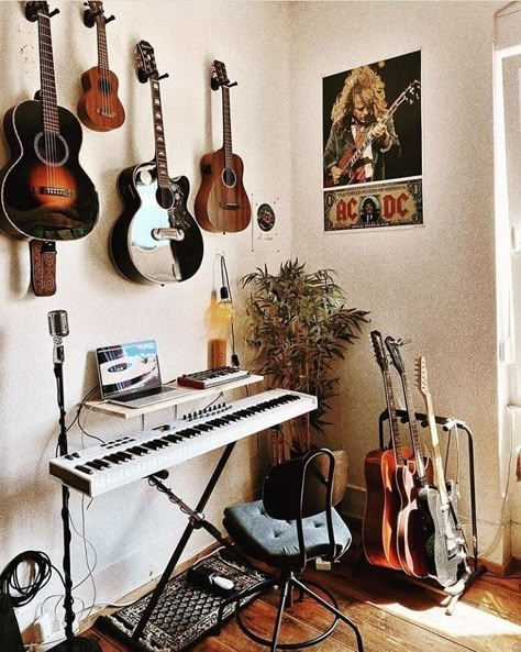 Home Music Studio Bedroom, Music Space In Bedroom, Bedroom With Musical Instruments, Small Music Area In Living Room, Home Music Corner, Music Room Living Room, Music Studio In Living Room, Musician Studio Apartment, Music Set Up Bedroom