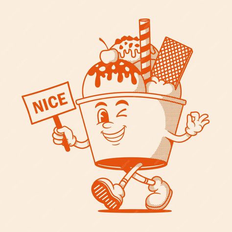 Premium Vector | Vector gelato character ice ceam retro cartoon mascot character Ice Cream Cartoon Drawing, Retro Ice Cream Logo, Ice Cream Art Illustrations, Retro Cartoon Illustration, Gelato Illustration, Ice Cream Mascot, Logo Ice Cream, Cartoon Ice Cream Cone, Ice Cream Character