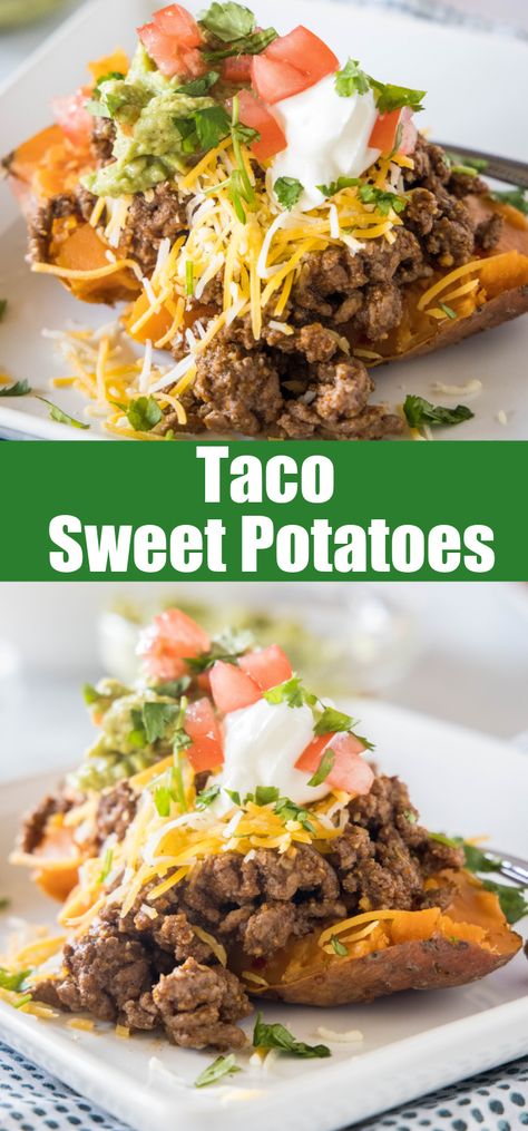 These taco stuffed sweet potatoes are soft and fluffy sweet potatoes piled high with savory ground beef and your favorite taco toppings! Savory Sweet Potato Recipes, Tasty Tacos Recipe, Asian Steak Bites, Stuffed Sweet Potato, Taco Toppings, Sweet Potatoes Recipe, Healthy Low Carb Dinners, Stuffed Sweet Potatoes, Easy Weekday Meals