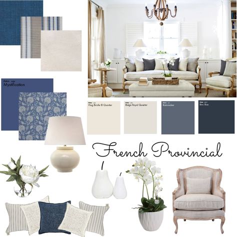 French Country Living Room Chandeliers, Hampton Style Color Palette, Hamptons Style Color Palette, French Interior Mood Board, French Provincial Mood Board, French Provincial Lounge Room, French Country Interior Design Bedroom, Blue Interior Palette, French Provincial Style Bedroom