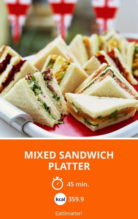 Mixed Sandwich Platter - simple dish - So healthy is the recipe: 8.1/10 | A recipe idea by EAT SMARTER | British, English, European, Cooking on vacation, Party, crowdpleaser, low-carb, low-carb, low-carb, low-carb #none #healthyrecipes Sandwich Fillings Ideas Simple, Sandwich Fillings Ideas, Sandwich Plating Ideas, Roast Beef Salad, Rare Roast Beef, Smoked Salmon Sandwich, Sandwich Platter, Salmon Sandwich, Healthy Delicious Recipes