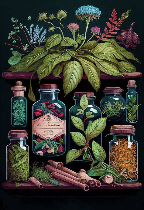 Herbal Apothecary Aesthetic, Apothecary Aesthetic, Herbal Apothecary, Green Witch, Digital Watercolor, Fractal Art, Book Of Shadows, Tag Art, Botanical Illustration