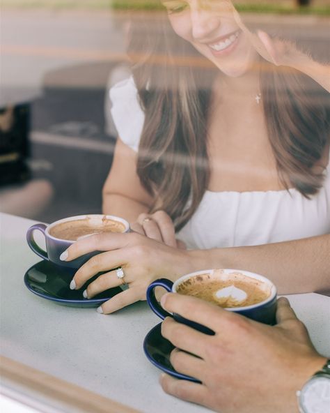 Living for this coffee shop engagement session with Cliff and Caleigh 🤍 Coffee Shop Proposal Ideas, Engagement Pictures Coffee Shop, Coffee Shop Shoot Photo Ideas, Coffee Shop Engagement Shoot Photo Ideas, Coffee Date Photo Ideas, Coffee Date Engagement Shoot, Engagement Photos Coffee Shop, Coffee Shop Couple Photoshoot, Cafe Engagement Photos