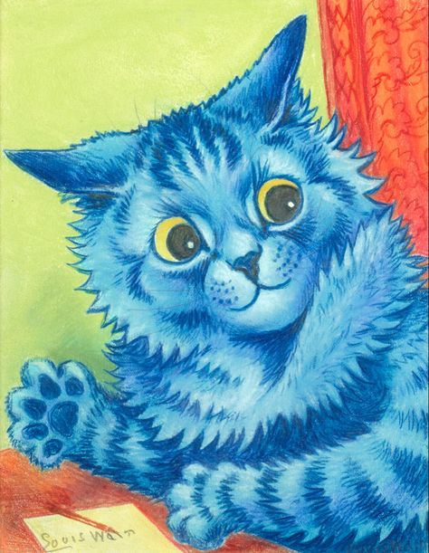 Louis Wain Art, Vintage Cat Drawing, Vintage Cat Illustration, Louis Blue, Louis Wain Cats, Louis Wain, Historical Painting, Cats Artists, Cat Artwork