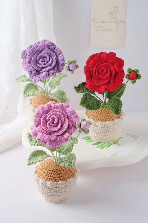 Crochet Mini Rose in the Pot, Hand Made Personalized Gift, Desk Decoration, Home Decoration Knitted Flower Crochet Rose, Valentines Flower - Etsy Crochet Mothers Day, Rose Step By Step, Woolen Flower, Childrens Quilts, Valentines Crochet, Knitted Flowers, Crochet Creations, Crochet Baby Shoes, Mini Roses