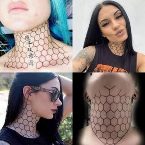 Honeycomb Neck Tattoos Women, Beehive Neck Tattoo, Honeycomb Tattoo Neck, Honeycomb Throat Tattoo, Hexagon Neck Tattoo, Honey Comb Neck Tattoos, Honeycomb Neck Tattoo, Geometric Throat Tattoo, Honey Costume