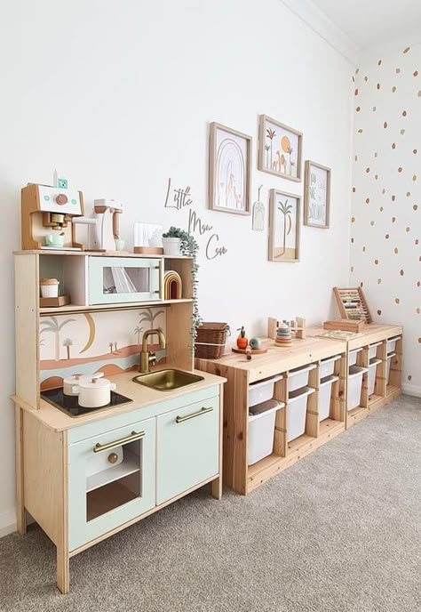 Kids Ikea Hack Playrooms, Playroom Ideas Ikea Trofast, Natural Wood Playroom, Montessori Preschool Set Up, Toddler Rooms Ikea, Living Room Montessori Corner, Tiny Play Area, Baby Daycare Room Decor, Baby Girl Montessori Room