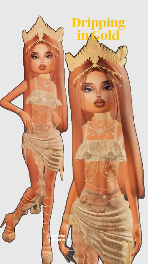 roblox dti dress to impress outfit idea theme dripping in gold Dripping In Gold, Gold Costume, Gold Outfit, Theme Dress, Gold Theme, Gold Dress, Outfit Idea, Dress To Impress, Dress Outfits