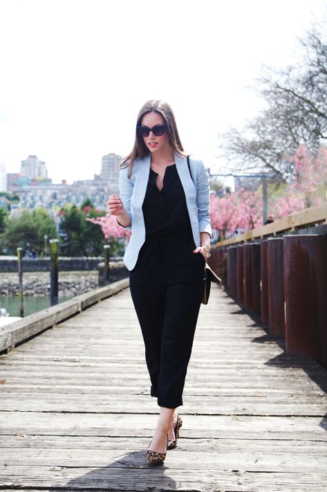 19 Stylish Black Jumpsuit Outfit Ideas Perfect for Every Occasion ( Part 1) - Style Motivation Baby Blue Blazer Outfit, Light Blue Blazer Outfits For Women, Black Jumpsuit Outfit Ideas, Light Blue Blazer Outfit, Blue Blazer Outfits For Women, Bodycon Jumpsuit Outfit, Jumpsuit Outfit Ideas, Sky Blue Blazer, Blue Blazer Outfit