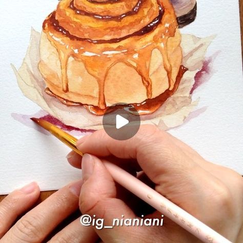 Nianiani on Instagram: "If you haven’t already watched this @skillshare class, here’s a little sneak peek of the painting process of my cozy cinnamon roll with caramel🍁

.
.
.
.
.
#foodillustration #watercolorfood #cinnamonrolls #cinnabon #coffee #coffeelover #coffeeaddict #watercolorpainting #watercolorart #worldofartists #worldofart #worldwatercolorgroup #foodpainting #watercolor #watercolour #watercolours #foodartmonthly #foodart #watercolortutorial #skillshare" Watercolor Cinnamon Roll, Cinnamon Roll Painting, Watercolour Coffee, Watercolour Cards, Acrylic Portrait Painting, Acrylic Portrait, Skillshare Classes, Watercolor Food, Food Painting