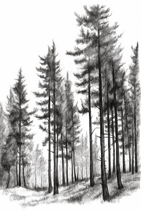 How To Draw Trees In The Distance, Drawing Ideas Trees Nature, How To Draw Tree Leaves, Drawing Forest Pencil, Pine Tree Drawing Pencil, Forest Sketch Simple, Twisted Tree Drawing, Tree Forest Drawing, Scary Tree Drawing