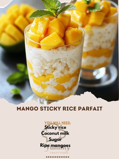 🥭 Experience tropical bliss with Mango Sticky Rice Parfait! Layers of deliciousness in every bite! 🍚 #MangoStickyRice #TropicalTreat Mango Sticky Rice Parfait Ingredients: Sticky rice (1 cup, cooked) Coconut milk (1 cup) Sugar (1/4 cup) Ripe mangoes (2, diced) Mint leaves (for garnish) Instructions: Mix coconut milk and sugar with cooked sticky rice. Let cool. Layer sticky rice and mangoes in a glass. Garnish with mint leaves. 🍚 Indulge in the creamy, sweet, and fruity flavors of this del... Glass Garnish, Mango Sticky Rice, Milk And Sugar, Asian Desserts, Sticky Rice, Mint Leaves, Coconut Milk, 1 Cup, Sweet Tooth