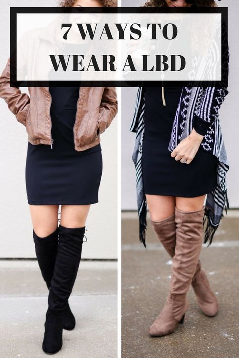 Lbd With Boots, Black Bodycon Dress Outfit Fall, Black Dress Tall Boots Outfit, Lbd Fall Outfit, Lbd Winter Outfit, How To Style Lbd, Lbd Outfit Party Night, Dress With Tall Black Boots, Fall Black Dress Outfit With Boots