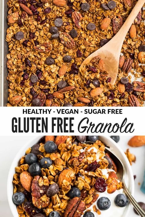 The most crispy and delicious homemade Gluten Free Granola. Healthy, vegan, and absolutely irresistible! Made with simple ingredients like coconut, maple syrup, cinnamon, vanilla, and oats, this EASY RECIPE is great for healthy breakfasts and snacks. Stop wasting money on brands that make big promises and make this healthy granola recipe instead! #glutenfreerecipes #granola #healthysnacks #healthybreakfasts Pumpkin Granola Recipe, Gluten Free Granola Recipe, Healthy Granola Recipe, Granola Recipe Healthy, Healthy Granola, Gluten Free Granola, Granola Healthy, Vegan Sugar, Healthy Breakfasts