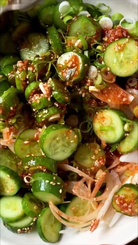 Korean Veg Side Dishes, Cucumber Kimchi Salad, How To Cook Cucumbers, Sweet Sour Cucumbers, Korean Cucumber Salad Gochujang, Hot Cucumber Recipes, Easy Korean Cucumber Salad, Sweet And Sour Cucumbers, Korean Ribs Side Dishes