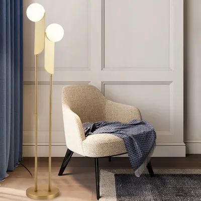 Modern Minimalist Torchiere Floor Lamp 2-Light with Glass Shade & Gold Metal Bedroom Nordic, Globe Floor Lamp, Paper Floor Lamp, Modern Room Decor, Living Room Furnishings, Lighting Art, Glass Floor Lamp, Torchiere Floor Lamp, White Floor Lamp