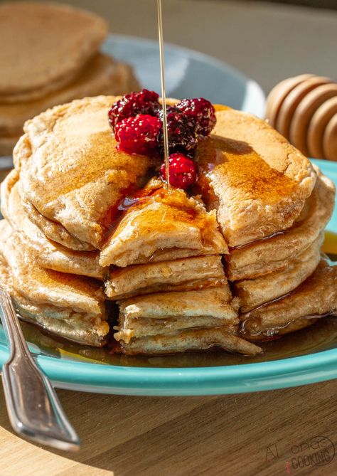 These fluffy Whole Wheat Pancakes are healthy pancakes kids even love! Freshly ground flour makes this whole wheat pancake recipe packed with Low Sodium Pancakes, Pancakes Whole Wheat, Pancake Toppings Healthy, Whole Wheat Pancake Recipe, Wheat Flour Pancakes, Pancakes Kids, All Recipes Pancakes, Wheat Pancake Recipe, Pancake Mix Recipe