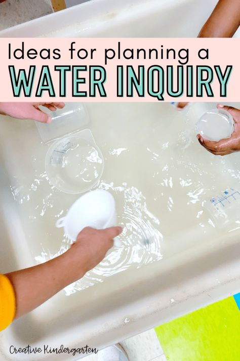 Planning a water inquiry for kindergarten students is some of the most fun I have had. My students had so much fun engaging in hands-on learning through provocations and activities. Reggio Water Activities, Reggio Water Provocation, Kindergarten Inquiry Ideas, Water Inquiry Kindergarten, Water Reggio Emilia, Water Provocations, Water Kindergarten Activities, Water Activities Preschool, Kindergarten Provocations