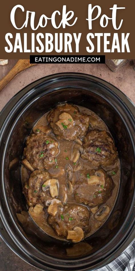 Slow Cooker Steak Recipes, Crockpot Salisbury Steak, Easy Slow Cooker Meal, Beef And Gravy, Crockpot Steak Recipes, Salisbury Steak Crockpot, Hamburger Steak Recipes, Homemade Salisbury Steak, Slow Cooker Meal