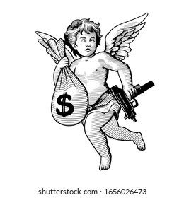 Angel With Money Bag Tattoo, Ski Mask Tattoo, Tattoo Outline Drawing Stencil, Money Bag Tattoo, Unique Half Sleeve Tattoos, Tattoo Angel, Holding Money, Gangsta Tattoos, Money Tattoo