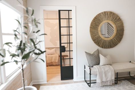 Porche Tips & Tricks: How to Install a Pocket Door in your Home🚪🏡 — Porche & Co. Doors For Tight Spaces, How To Install A Pocket Door, Bookshelf Nightstand, Glass Pocket Door, Different Home Decor Styles, West Elm Bedding, Bed Rug, Attic Space, Vintage Bench