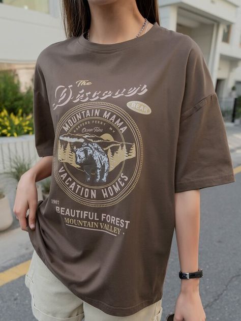 size 2 (M) Brown Tshirt Outfit, Oversize Tshirt Outfits, Grafic Tees, Tshirt Outfit, Drop Shoulder Tee, Brown Tshirt, Coffee Brown, Tshirt Outfits, Women T Shirts