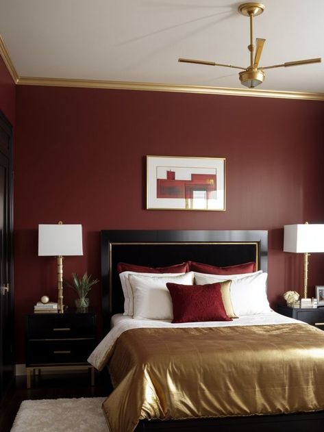 Create a bold statement with a deep red accent wall as the focal point of your bedroom. Enhance the richness of the space by incorporating a sleek, black platform bed and complementing it with gold metallic accents for a touch of glamour. Deep Red Accent Wall, Cozy Red Bedroom, Red Bedroom Decor Ideas, Red Accent Wall Bedroom, Black Platform Bed, Red Accent Wall, Red Bedroom Decor, Gold Bedroom Decor, Red Bedroom