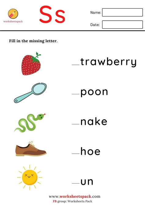 Free printable missing letter #worksheets for young learners. Words begin with the letter S. Missing Letter Worksheets Kindergarten, Letter S Worksheets Kindergarten, Alphabet Worksheets Preschool Activities, Letter S Worksheets For Preschool, Letter S Worksheet, Jolly Phonics Printable, S Worksheet, Preschool Letter S, Grade R Worksheets