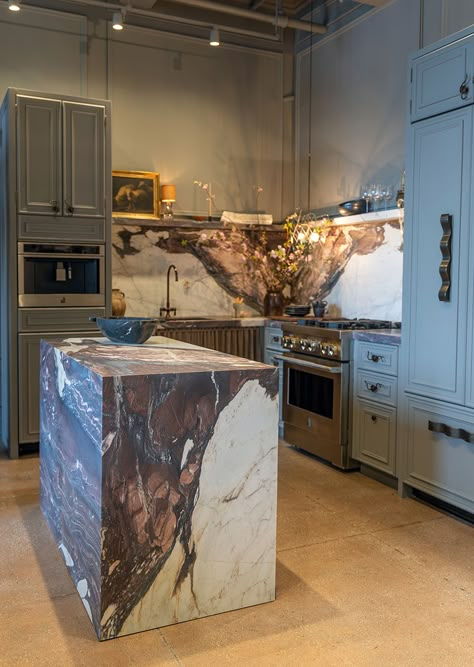 Jeremiah Brent Design Studio Kitchen - ABC Stone : ABC Stone Arch Digest Kitchen, Calcutta Viola Kitchen, Dramatic Stone Countertops, Jeremiah Brent Kitchen, Stone Kitchen Aesthetic, Gemstone Countertops Modern, Jeremiah Brent Design, Dark Stone Kitchen, Atelier Am