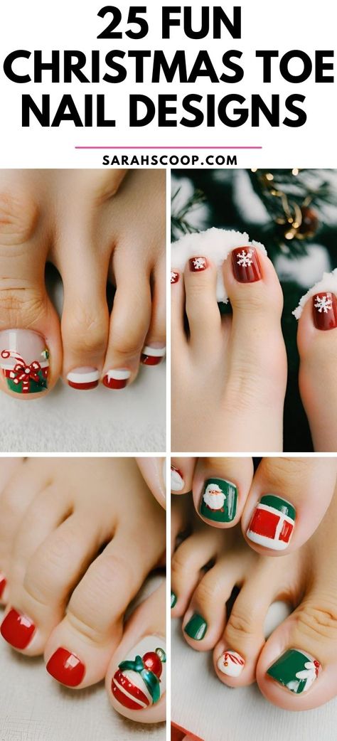 Get ready to step into the holiday spirit! Check out these stunning Christmas toe nail designs to add a dash of cheer to your every step.😍🎄 #nailinspo #christmasnails Christmas Toe Nails 2024, Christmas Toe Nails Ideas, Christmas Nail Designs For Toes, Pedicure Ideas Holiday, Holiday Toenails Winter, Toenail Christmas Designs, Holiday Nails Toes, Toe Christmas Nails, Red Christmas Toe Nails