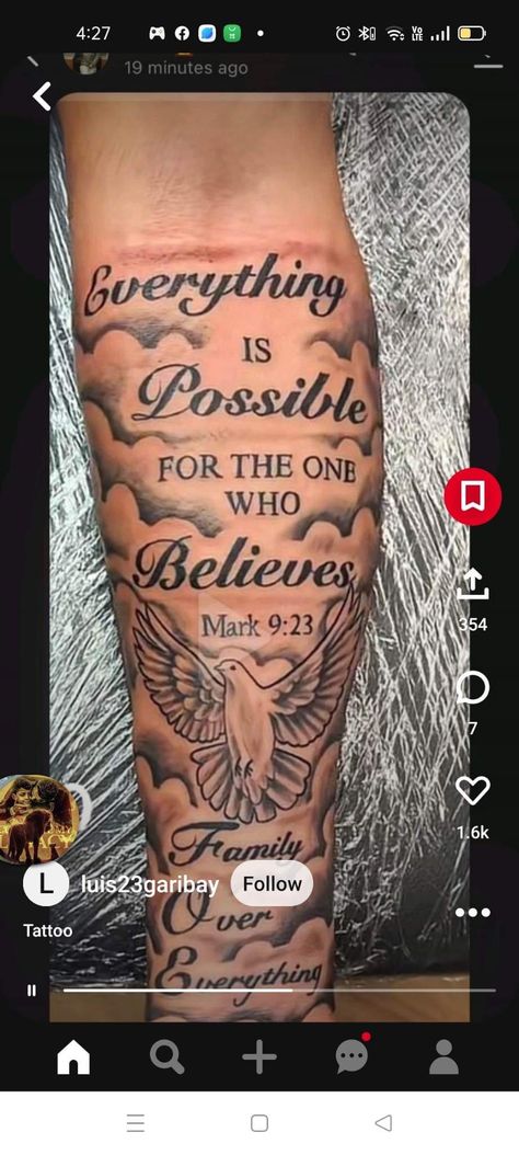 Everything Is Possible For The One Who Believes Tattoo, Half Sleeve Tattoos For Women Upper Arm Bible Verse, Bible Verse Tattoos For Men Arm Scriptures, Bible Forearm Tattoos For Men, Men’s Bible Verse Tattoos, Believe In God Tattoo, Mark 9:23 Tattoo, Everything Is Possible Tattoo, Believe In Yourself Tattoo Ideas