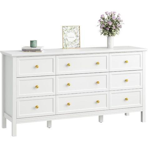 9 Drawer White Dresser for Bedroom with Deep Drawers, Large Dressers & Chest of Drawers With Gold Long Dressers, Large Dressers, White And Gold Dresser, Dressers For Bedroom, White Dressers, Organizing Items, Lamps Decor, Pink Dresser, Dresser Tv Stand