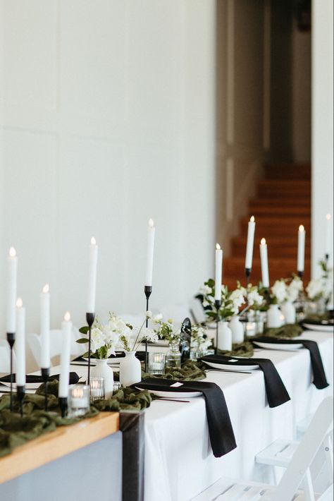 Black Candle Wedding Table Decor, White Tablecloth With Black Runner, Wedding Linen Napkins Table Settings, Wedding Table Settings Napkins Only, Black Linen Napkins Wedding, Black Flatware Table Setting Wedding, Black Table Runners Wedding, Black Metal Wedding Decor, Green And Black Reception