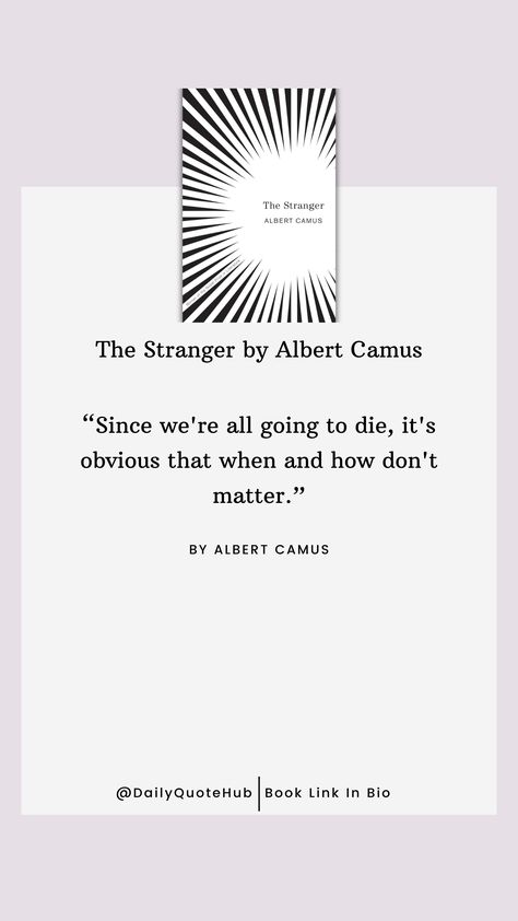 The Stranger by Albert Camus is a classic existential novel published in 1942. It follows Meursault, a dispassionate man whose life takes a dramatic turn after he commits a murder. The novel explores themes of absurdity and isolation.
Books Link In Bio If You want to buy 🙏🙏 #quotes #philosophy 
#Existentialism #AlbertCamus #ClassicLiterature #Absurdism #TheStranger The Stranger Quotes, Existentialism Quotes, The Stranger Albert Camus, Stranger Quotes, Quotes Philosophy, Albert Camus Quotes, Camus Quotes, The Stranger, Albert Camus