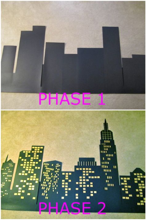 skyline tutorial The Incredibles Decorations, Incredibles Party Decorations, Batman Diy Decorations, Superhero Skyline, Skyline Backdrop, Godzilla Birthday, Pj Masks Birthday Party, Pj Mask Party, Pj Masks Birthday