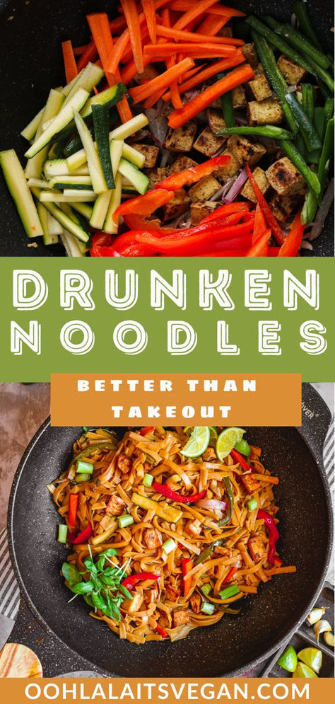 My Thai Drunken Noodles are better than takeout and made in less than 30 minutes. This is one of the best Asian inspired recipes ever. It's easy to make, made with crispy tofu and is vegan and vegetarian. The drunken noodle sauce is to die for, so tasty and spicy. Also called pad kee mao, this drunken noodles recipe and vegan dinner recipes is one of the most popular on the blog. #drunkennoodles #asianrecipes #vegan #vegandinnerrecipes #tofu Tofu Drunken Noodles, Drunken Noodles Vegetarian, Vegetarian Drunken Noodles, Drunken Noodles Thai Easy, Drunken Noodle Sauce, Tofu Noodle Recipes, Thai Vegetarian Recipes, Thai Tofu Recipes, Vegan Thai Recipes